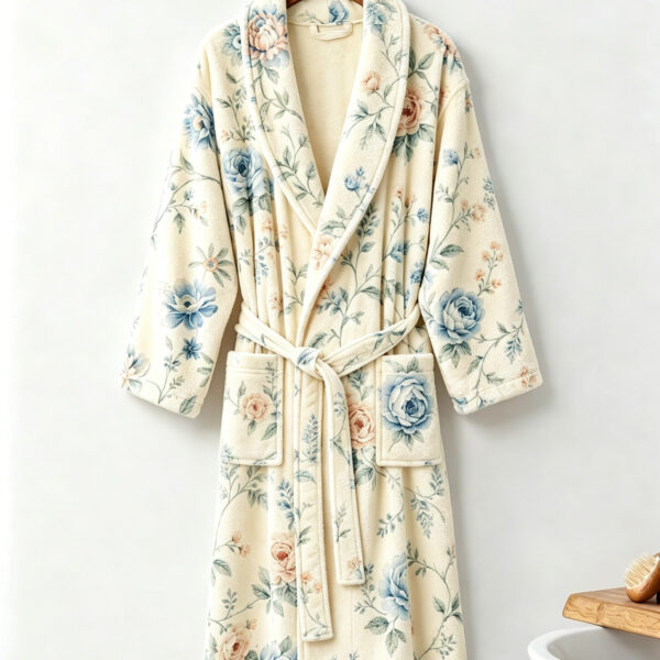 Samifyhome Cotton Towel Robe with Shawl Collar – Vintage Floral Cream