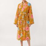 adult 100% cotton towel bathrobe with shawl collar in vintage floral mustard2